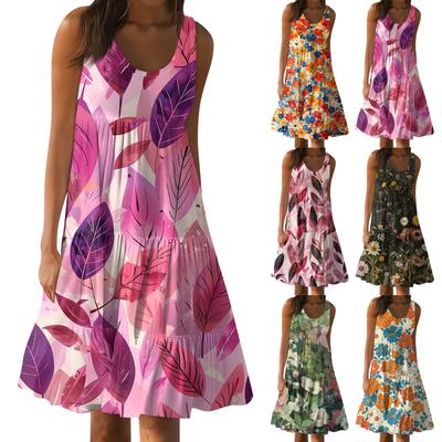 Kadınlar için Hawaii Elbise Yaz Bahar Pilili Bohem Elbiseler Sevimli Kolsuz Akan Plaj Düz Tank Elbiseler Yuvarlak Boyun Elbiseler