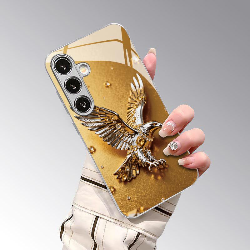 Gold Eagle Diamond-Encrusted 2D Phone Case for Samsung S26 S25 S24 S23 S22 S21 S20 A56 A36 A16 - Glass Protective Cover