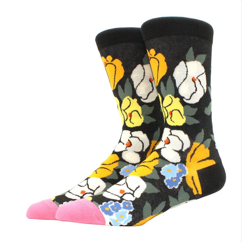 Roliga glada herrstrumpor med grafisk design, kammad bomull, omelett, groda, galen klocka, lax, majs, fågel, fisk, strumpa, julklapp