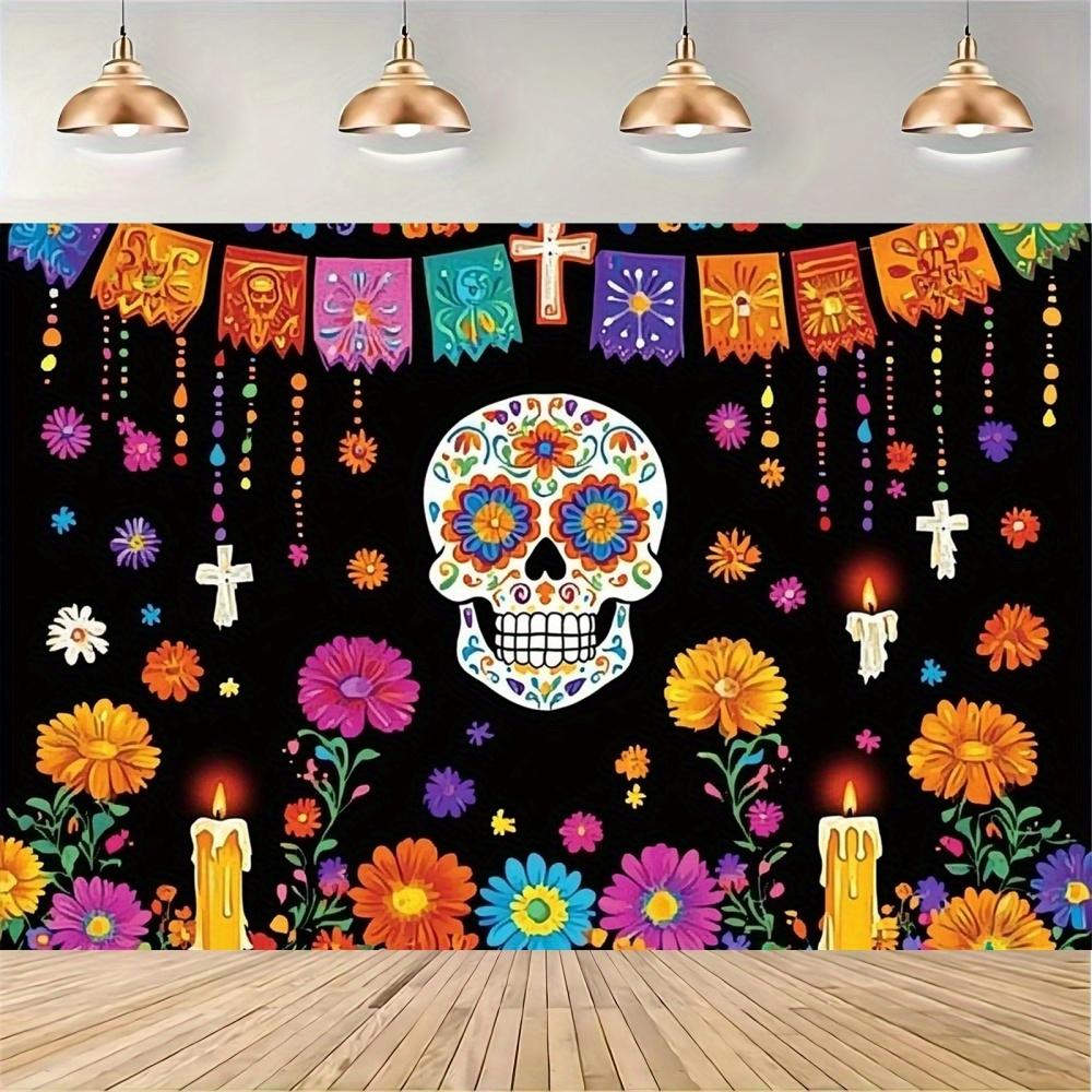 A day of dead sugar skull polyester background - vibrant floral design and cross, Mexican party decoration