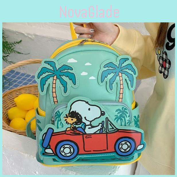 Snoopy Driving A Vehicle Cartoon Pattern Kids Pu Backpack With Zipper Closure For Casual Travel And School Use