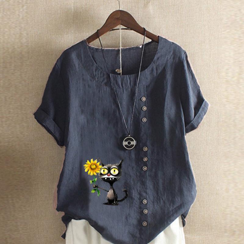 Women's Fashion Sunflower Black Cat Prined Short Sleeve T-shirt Loose Cotton Shirt Casual Loose Summer Blouse Tops Plus Size