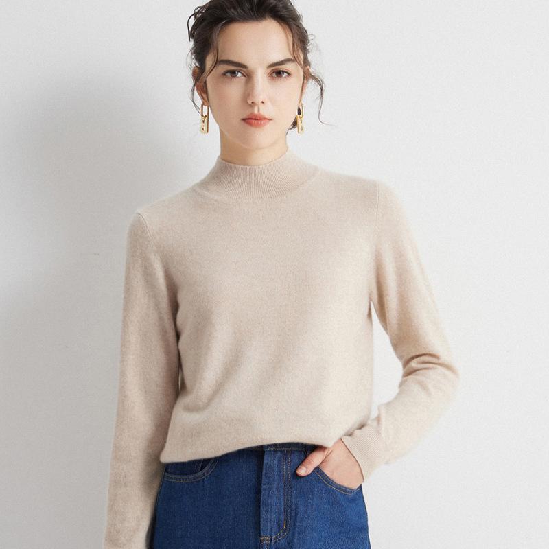 Women's 100% Pure Cashmere Half-High Neck Long Sleeve Sweater - Autumn/Winter Knit Base Layer Pullover