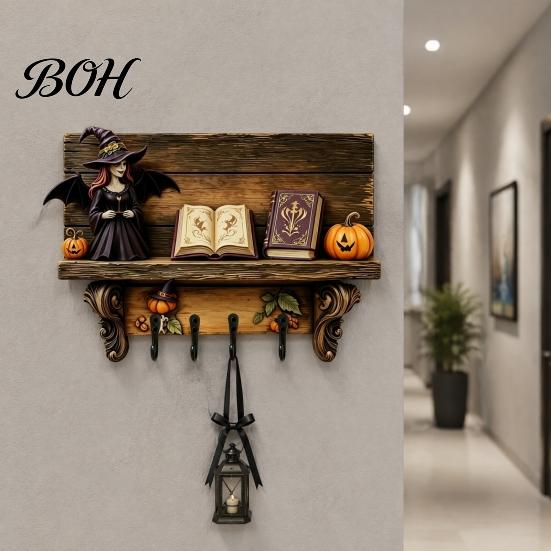 Functional Wooden Key Storage Halloween Holder, Lady Ghost Holder with 4 Hooks, Wall Home Decor Mounted Spooky Rack Organizer for Entryway Hallway
