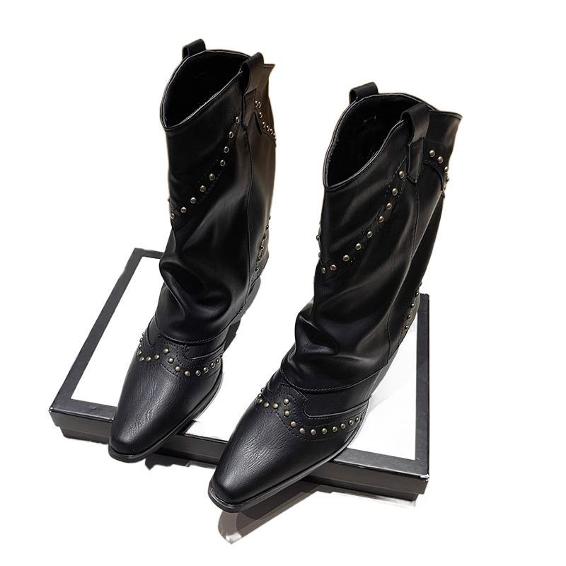 Western cowboy boots thick heel short boots women's 2025 new autumn knight boots pointed rivets retro trouser boots