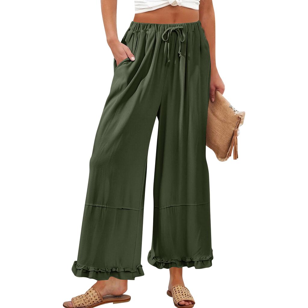 Women’s Wide Leg Lounge Pants with Drawstring Waist and Ruffle Hem Casual Loose Fit Lightweight Trousers with Pockets