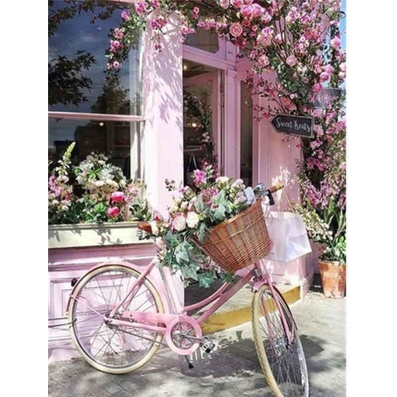 5D-Diamantgemälde zum Selbermachen, rosa Blume, Diamant-Stickerei, Fahrrad, Mosaik, Kreuzstich, Handarbeit, Strass, Heimdekoration