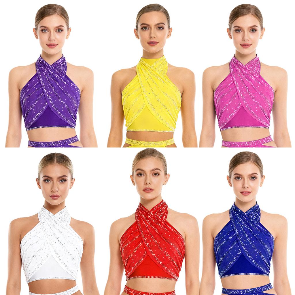 Womens Latin Dance Top Halter Sleeveless Strappy Backless Design Shiny Rhinestones Cross Front Ruched Mesh Crop Top