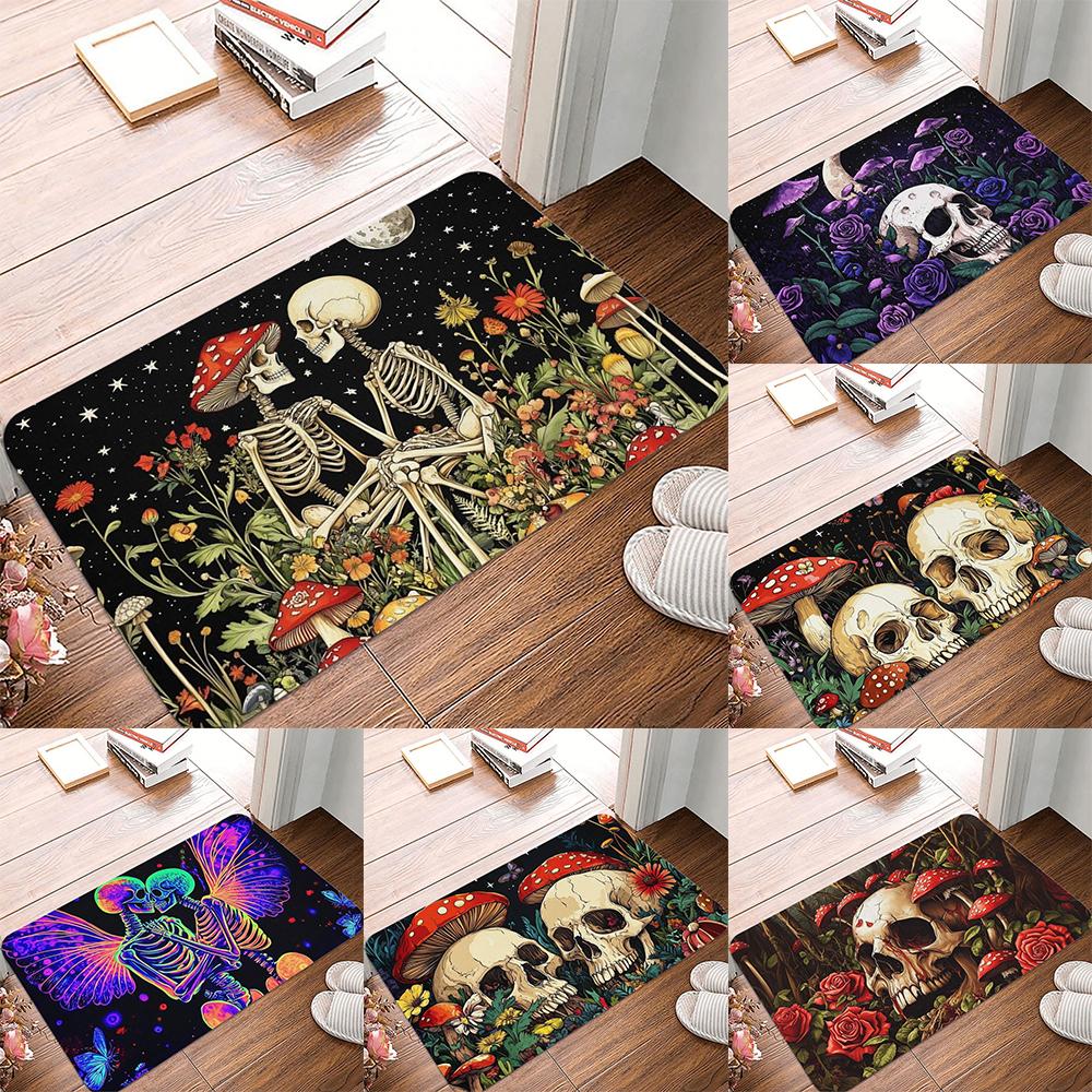 Aesthetic Mushroom Skull Printed Kitchen Carpet Living Room Dining Room Laundry Floor Mat Bath Balcony Hallway Non-Slip Door Mat