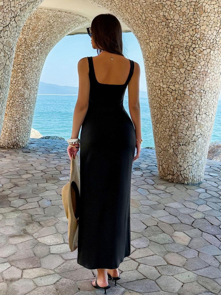 European Square Neck Slim Fit Solid Color Dress - Women's Spring/Summer 2026 Collection