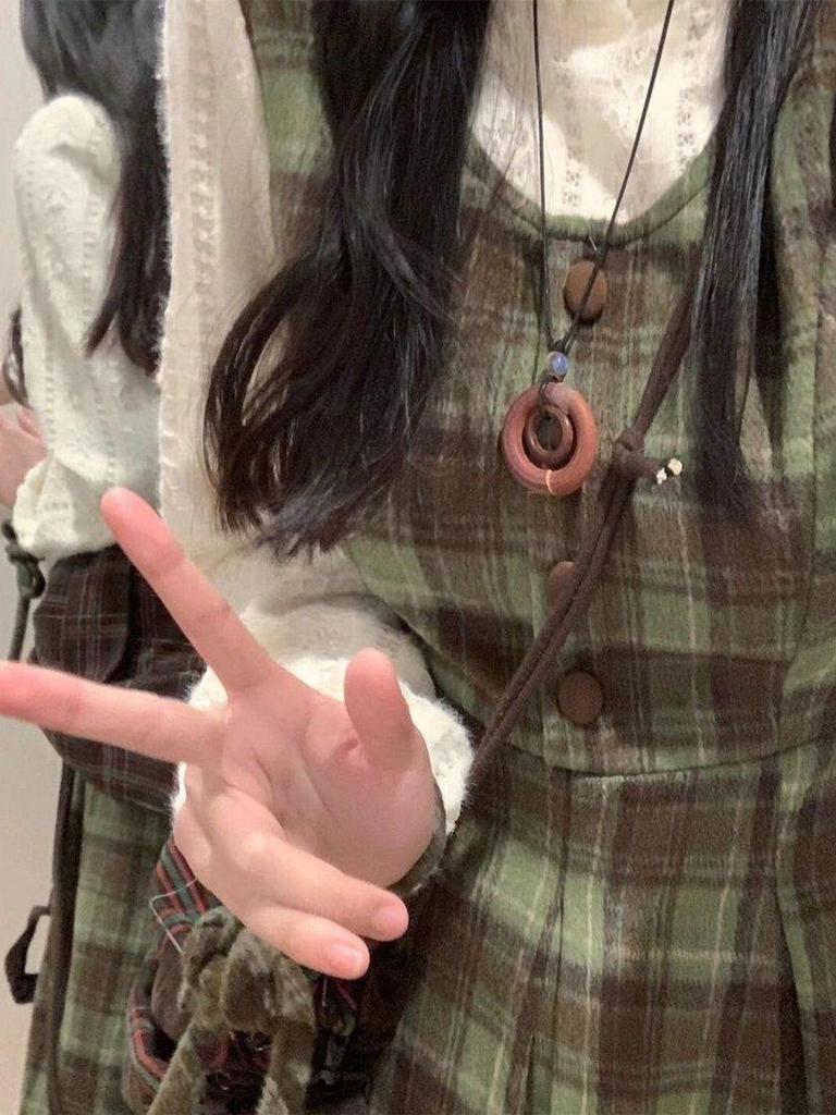 2025 Retro Mori Kostkovaný Vlněný Směs Dvou dílný: Šaty zeštíhlující pas pro studenty, Podzim/Jaro