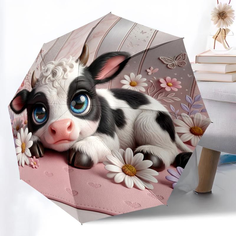 1pc Sturdy 8-Bone Auto Umbrella, Cow and Pink Flower Umbrella, Digital Printed, Foldable Umbrella for On-the-Go Outdoor Use