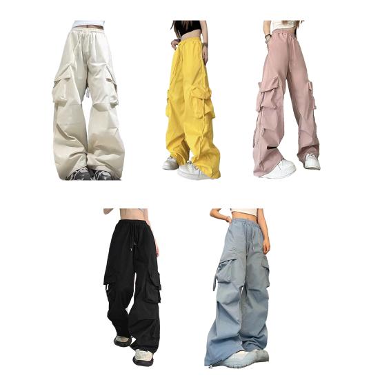 Women Pants Elastic Waist Adjustable Drawstring Wide Leg Casual Trousers Multi Pockets Design Cargo Pants