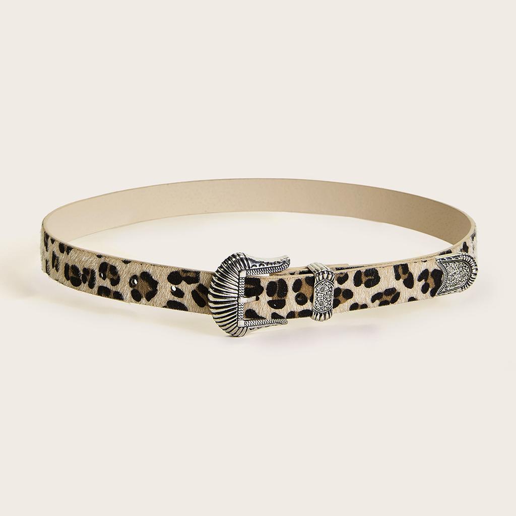 New Retro Carved Imitation Horsehair Leopard Print Fashionable Dopamine Western Buckle Belt for Women's Waist Belt