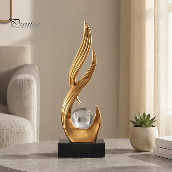 Elegant Craftsmanship Statue Abstract Decorative Sculpture with Clear Crystal Ball, Modern Flowing Curve Tabletop Decor Golden for Office Desk