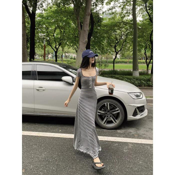 Women s Summer Striped Button-Up A-Line Dress, Waist-Cinched, Short Sleeves, Elegant Style One Size