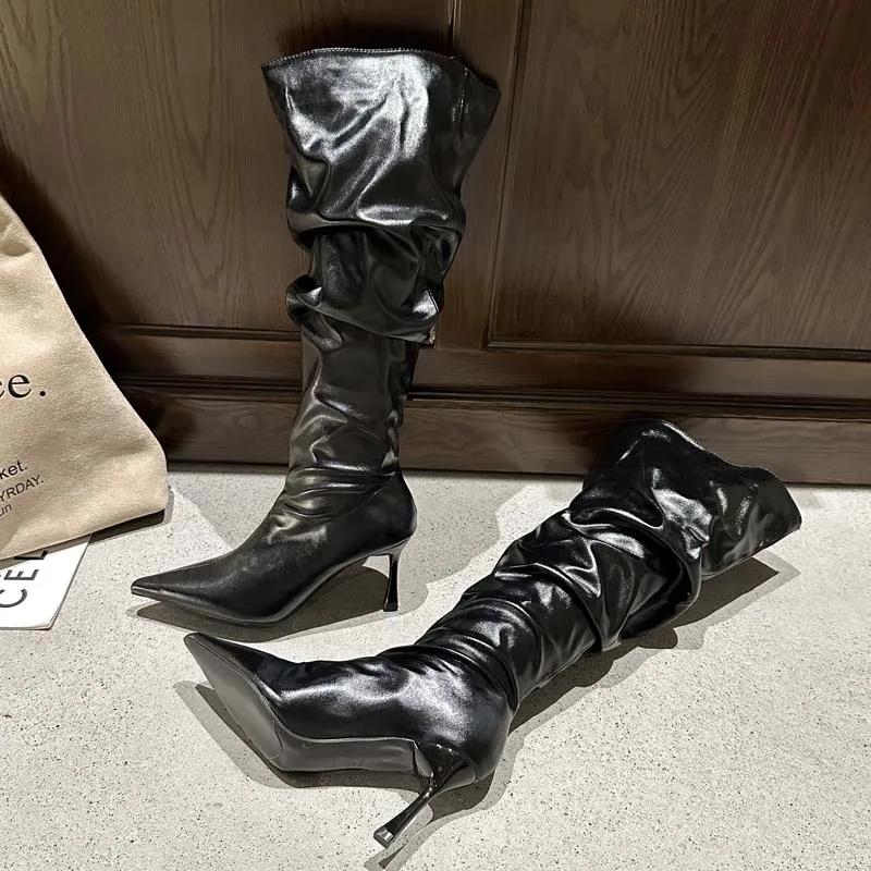 Fashion Eilyken Winter Gold Silver Pleated Pointed Toe Woman Knee-High Boots Designer Thin High Heels Stripper Shoes Botas Mujer