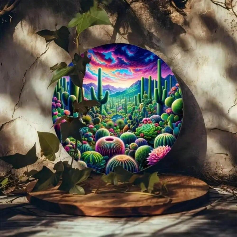 Metal Wall Art Desert Cactus Decor Round Sign Home Living Room