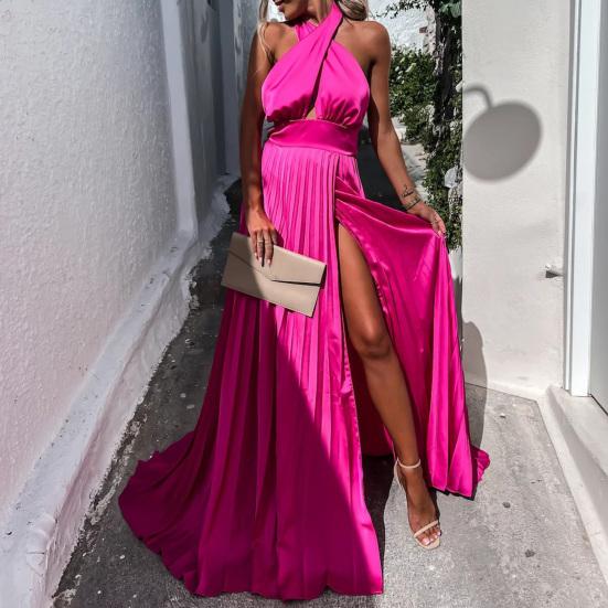 Waist Tight Backless High Split Hem Prom Dress Solid Color Cross Halter Women Long Dress Sundress