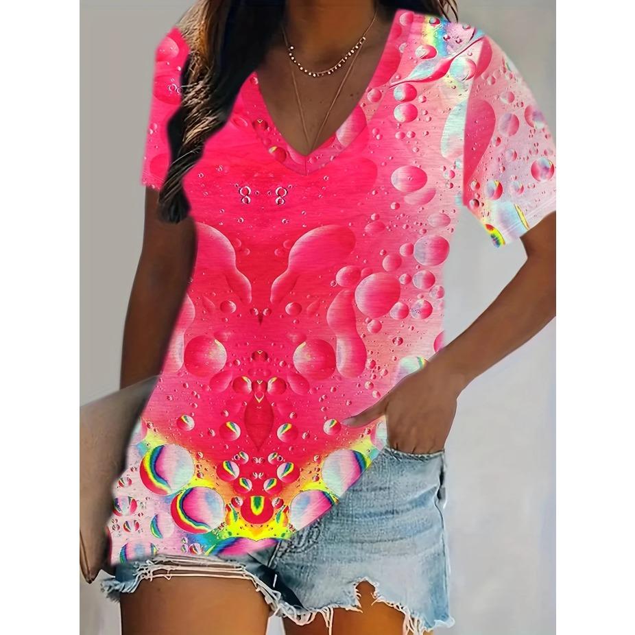 Women'S Tie Dye V-Neck T-Shirt, Casual Summer Regular Length Vibrant Color Block Design Tops
