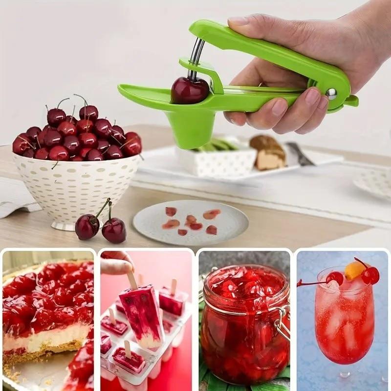 Manual Cherry Olive Pitter Single Hole Design ABS+Stainless Steel Handle Green 20.5x3.8x13cm