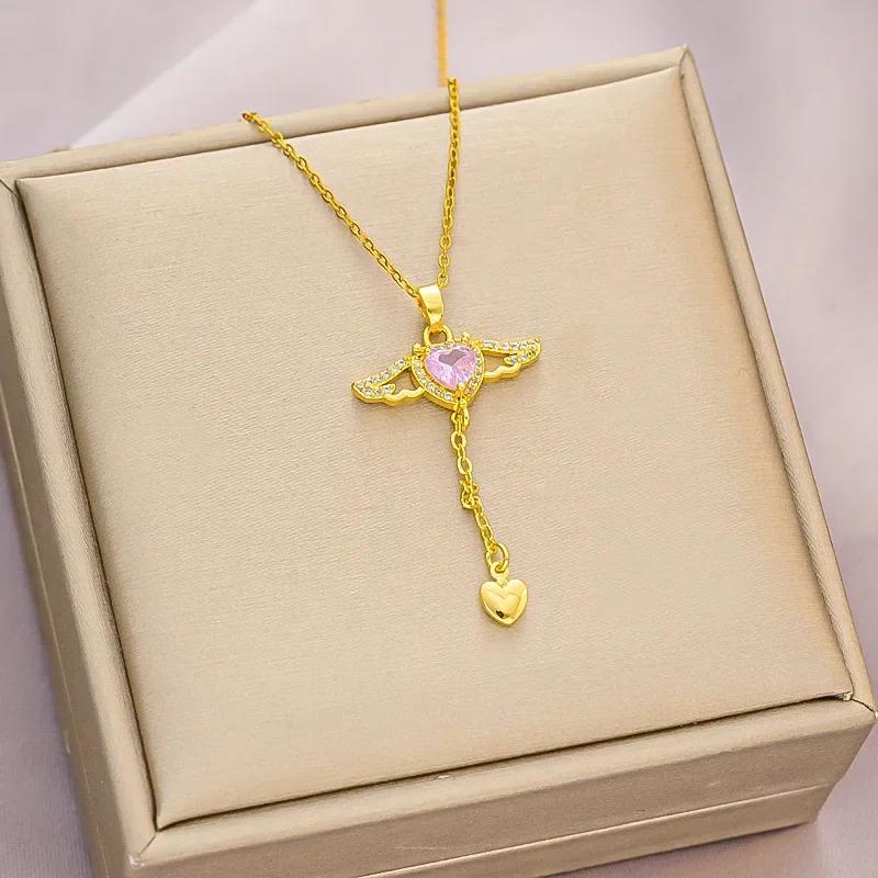 

Charm Cupid Angel Wings Heart Pendant Necklace for Women korea Trendy Cute Pink Crystal Zircon Choker Stainless Steel Jewelry золотий
