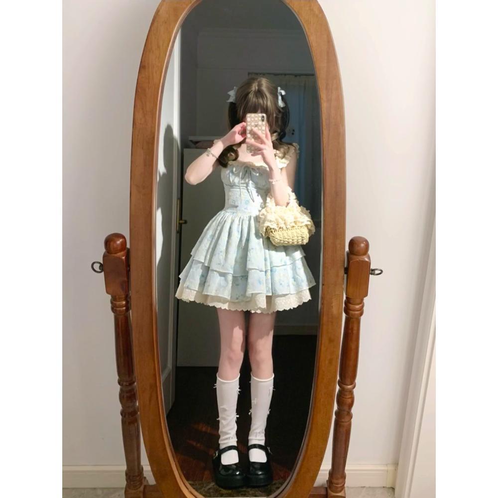 

French retro floral small flying sleeve dress for women s elegance, new holiday style, sweet and gentle temperament waist skirt XL- (recommended 110-60kg) синий