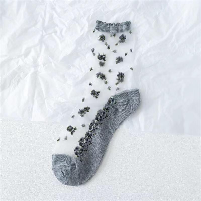5Pairs Elastic Socks Crystal Glass Silk Ultrathin Lace Literary Sale Summer Transparent Jacquard Short Socks