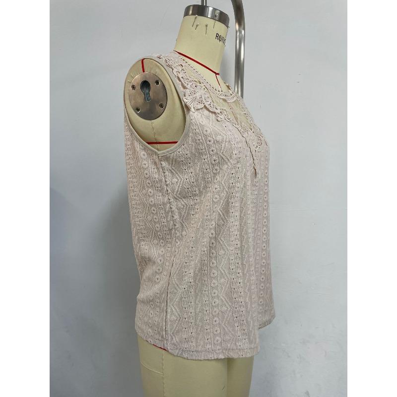 Women's Tank Tops Fashion Elegant Round Neck Lace Patchwork Loose Casual Tanks Vest for Women Spring and Summer Solid Color Crochet Office Lady Tops