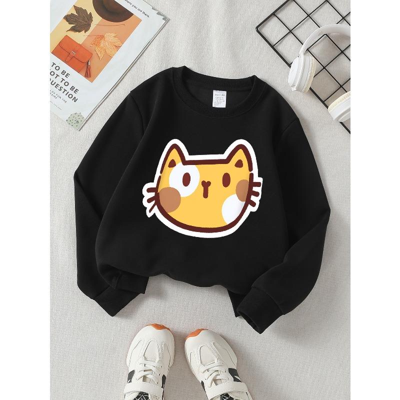 Kids Sweatshirt Crewneck Sweatshirt Cute Cat Face Sticker Design Pattern Machine Washable, Spring And Autumn, Sportswear And Casual Wear