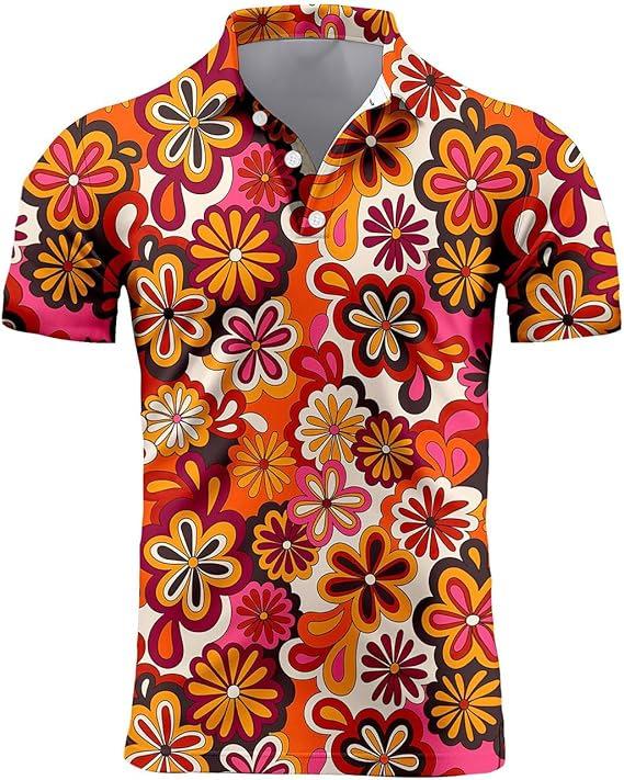 Retro Memphis Geometric Print Short-sleeve Polo, Trendy Casual Wear.