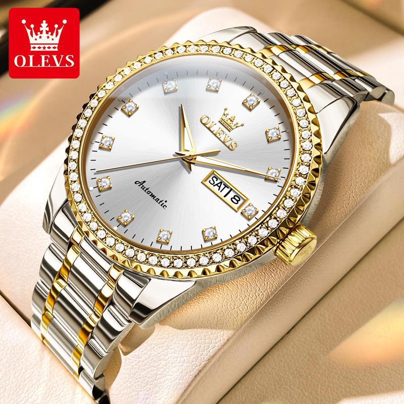 OLEVS Men's Watch Luxury Brand Diamond Automatic Mechanical Watch Stainless Steel Waterproof Calendar Business Men's Watch