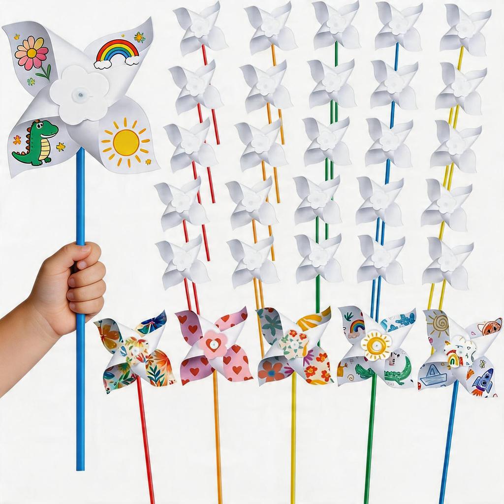 100Pcs DIY Paper Pinwheels Craft Kid Color Your Own White Pinwheels Bulk Summer Spring Craft for Art Craft Party Activity Easter