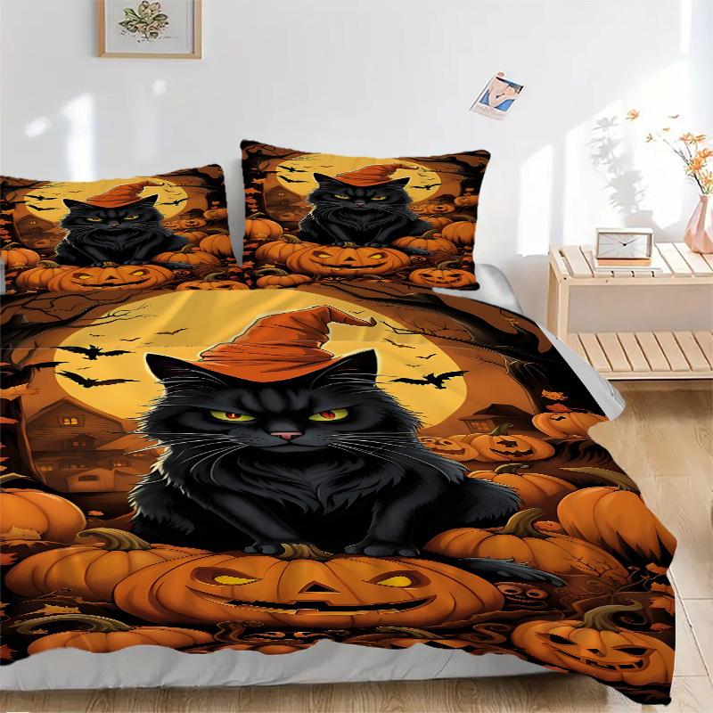 

3 шт. Комплект пододеяльника с рисунком кота и тыквы на Хэллоуин - Включает 1 пододеяльник и 2 наволочки, без одеяла, Всесезонный домашний декор yy251111121 135x200cm