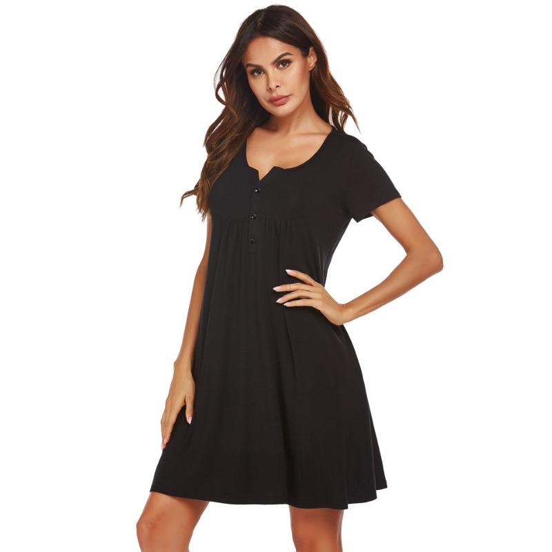 YYFS Women's Fashion Solid Color Print Summer Spring Short Sleeve V-Neck Loose Waistline Casual Dresses