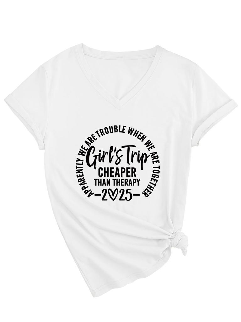 Inspirational Text Printed Top Loose Casual Simple V-neck Short Sleeved Women's T-shirts