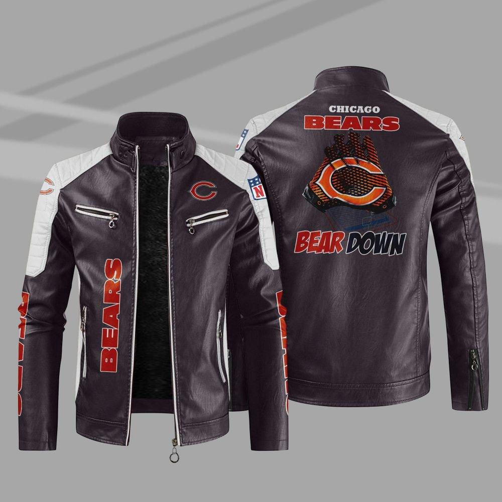 Boutique leather jacket stand-up collar velvet team fan gift Chicago Bears new men's casual jacket