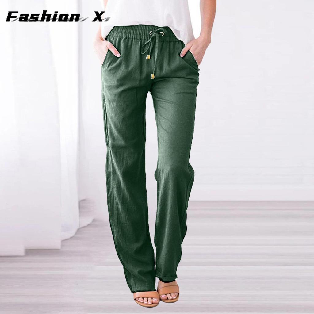 Pantaloni da donna larghi a gamba larga tinta unita cotone lino coulisse pantaloni casual