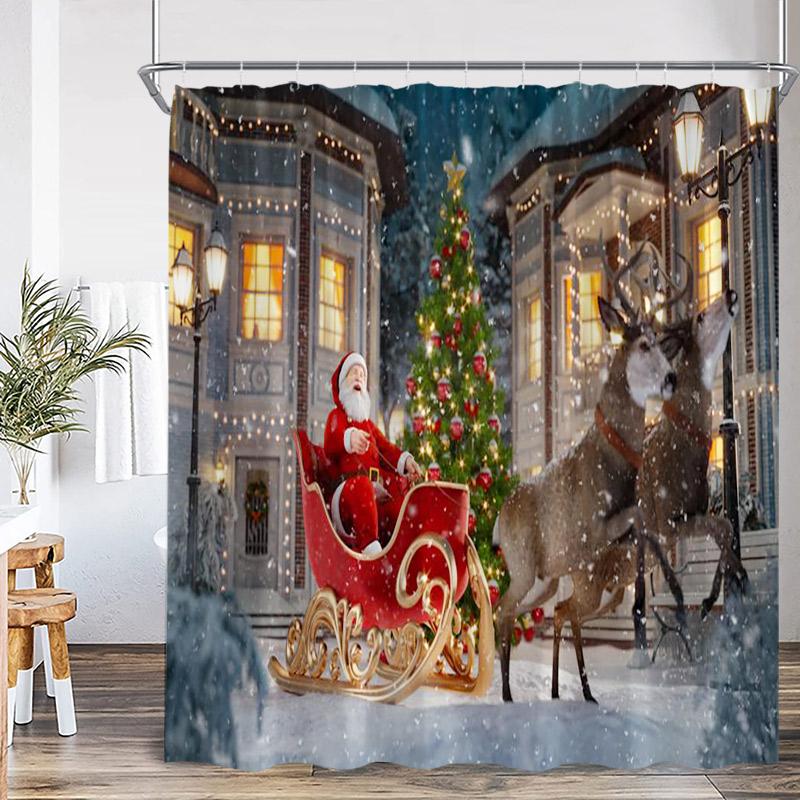 

Дед Мороз Рождественская шторка для душа Зимний дом Рождественская елка Подарок Кот Камин Тканевая шторка для ванны Домашний декор для ванной комнаты с крючками 90x180cm-35x70in