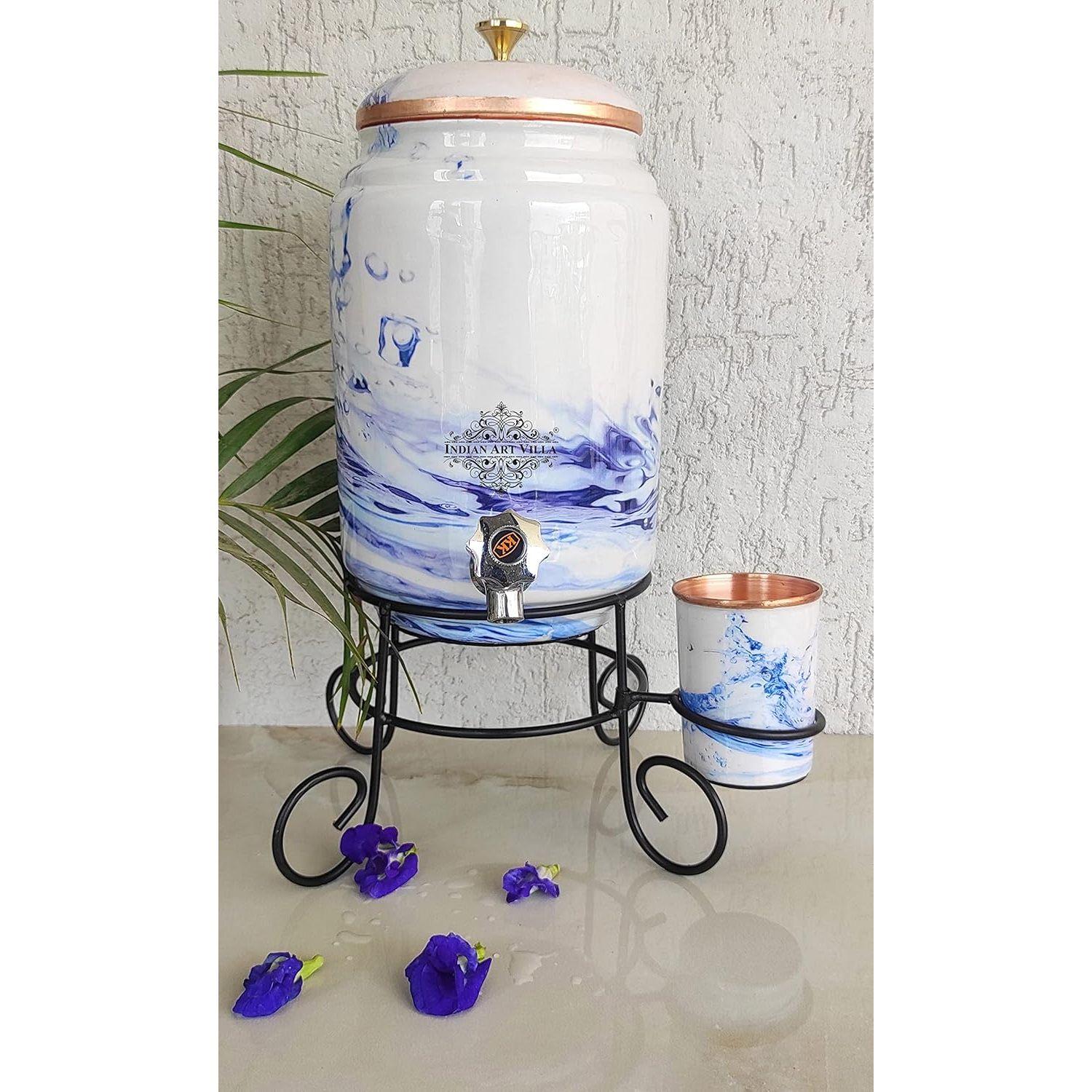 

Медный кувшин для воды с принтом «Аква-голубой», толстостенный, с латунным краном и медным стаканом и подставкой, для хранения и сервировки воды, объем - 5 литров