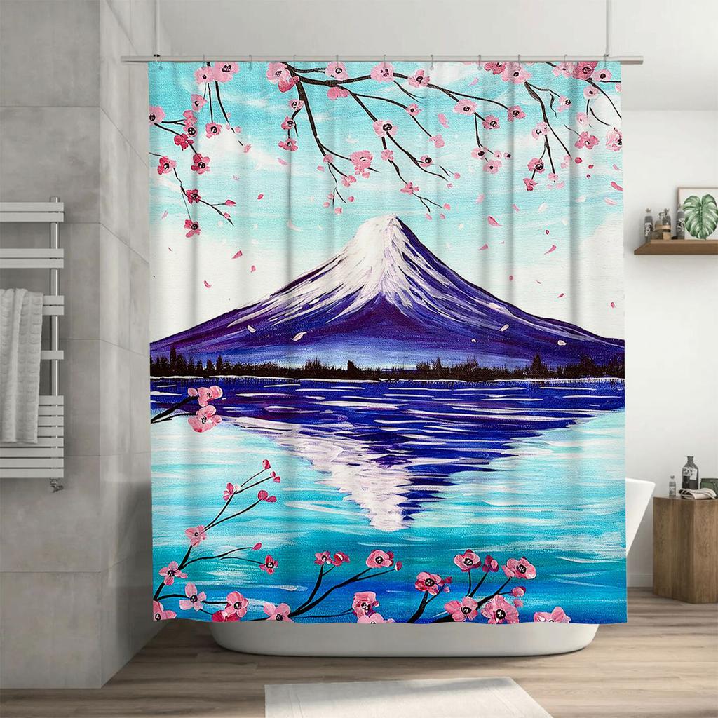 Mount Fuji with Cherry Blossoms Waterproof Shower Curtain Heat Resistant Machine Washable Non-Transparent 180x180cm