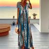 Women Plus Size V Neck Short Sleeve Maxi Dress Turquoise Vertical Leopard Print Loose Summer Vacation Long Dress