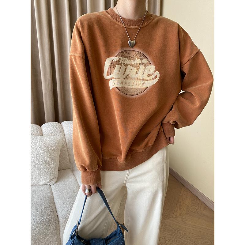 

Sinan 2024 Fall/Winter Casual Wash Print Round Neck Drop Shoulder Sweater SN5055 One Size