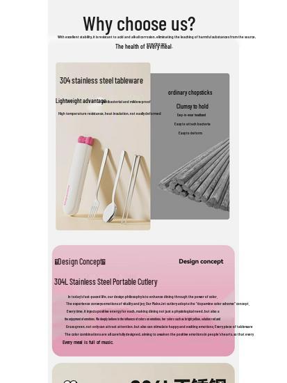 304 Stainless Steel Travel Cutlery Set: Portable Chopsticks & Spoon for Students and Office Workers, Dopamine Design, 3-Piece Set