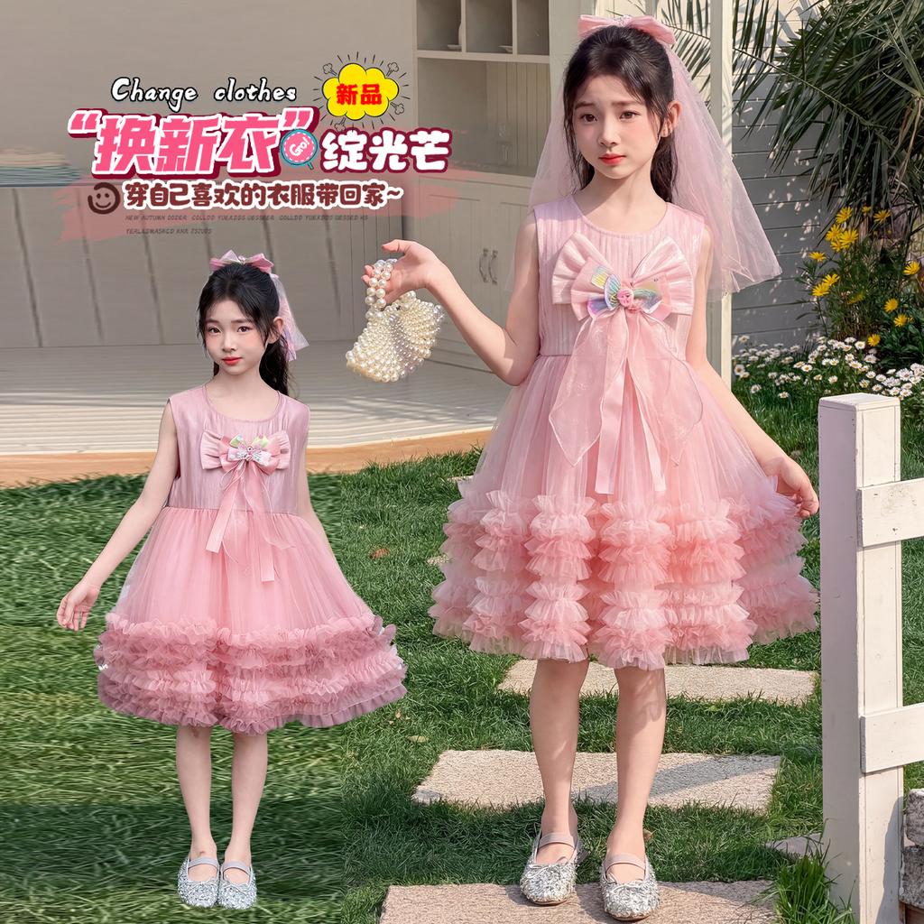 Sweet mesh dress for girls summer dress 2026 new style children's western-style princess dress little girl fluffy dress