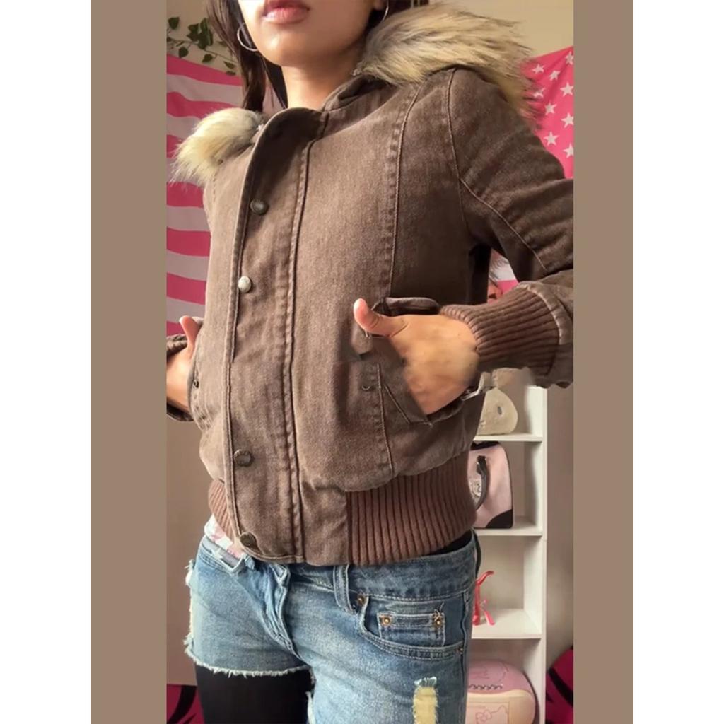2KWEIRD Vintage Brown Fur Collar Hooded Jacket For Women Slim Fit Long Sleeve Pocket Coat New Female Autumn Winter Solid Streetwear