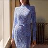 Ladies' Perspective Lace Hollow Belt Long Sleeve Fishtail Dress Solid Color Lace Decorative Elegance Ladies' Long Sleeve Dress Spring Autumn New Style