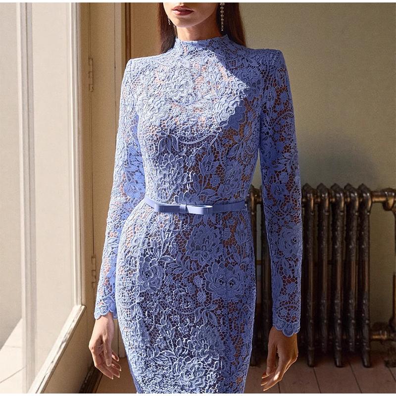 Ladies' Perspective Lace Hollow Belt Long Sleeve Fishtail Dress Solid Color Lace Decorative Elegance Ladies' Long Sleeve Dress Spring Autumn New Style