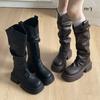 Damen Ritterstiefel mit dicker Sohle, Frühling neu, Retro, plissiert, mittelhoher Schaft, Stiefel zum Stapeln, schlanke Westernstiefel