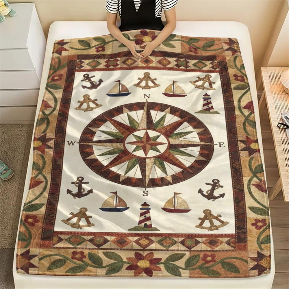 1Pc Compass Print Flannel Blanket, High Quality Comfortable for All Seasons, Home Decor, Warmth and Comfort, Perfect for Christmas Gifts W168